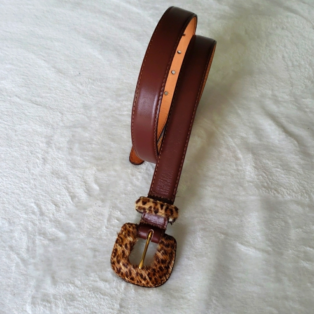 Talbots Leopard Print Calf Hair and Brown Leather Belt Size Medium Western EUC